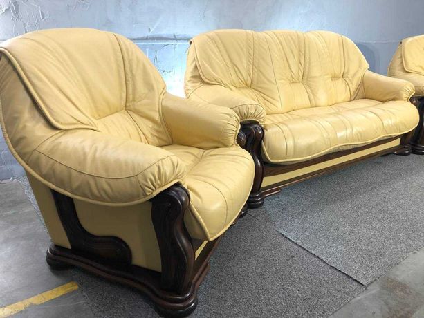 Wypoczynkowy zestaw ze skóry 3+1+1 żółty Sofa Kanapa Fotel