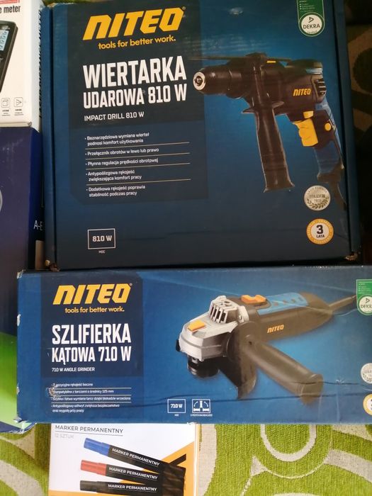 Zestaw narzędzi wiertarka wkrętarka szlifierka kątowa suwmiarka i inne