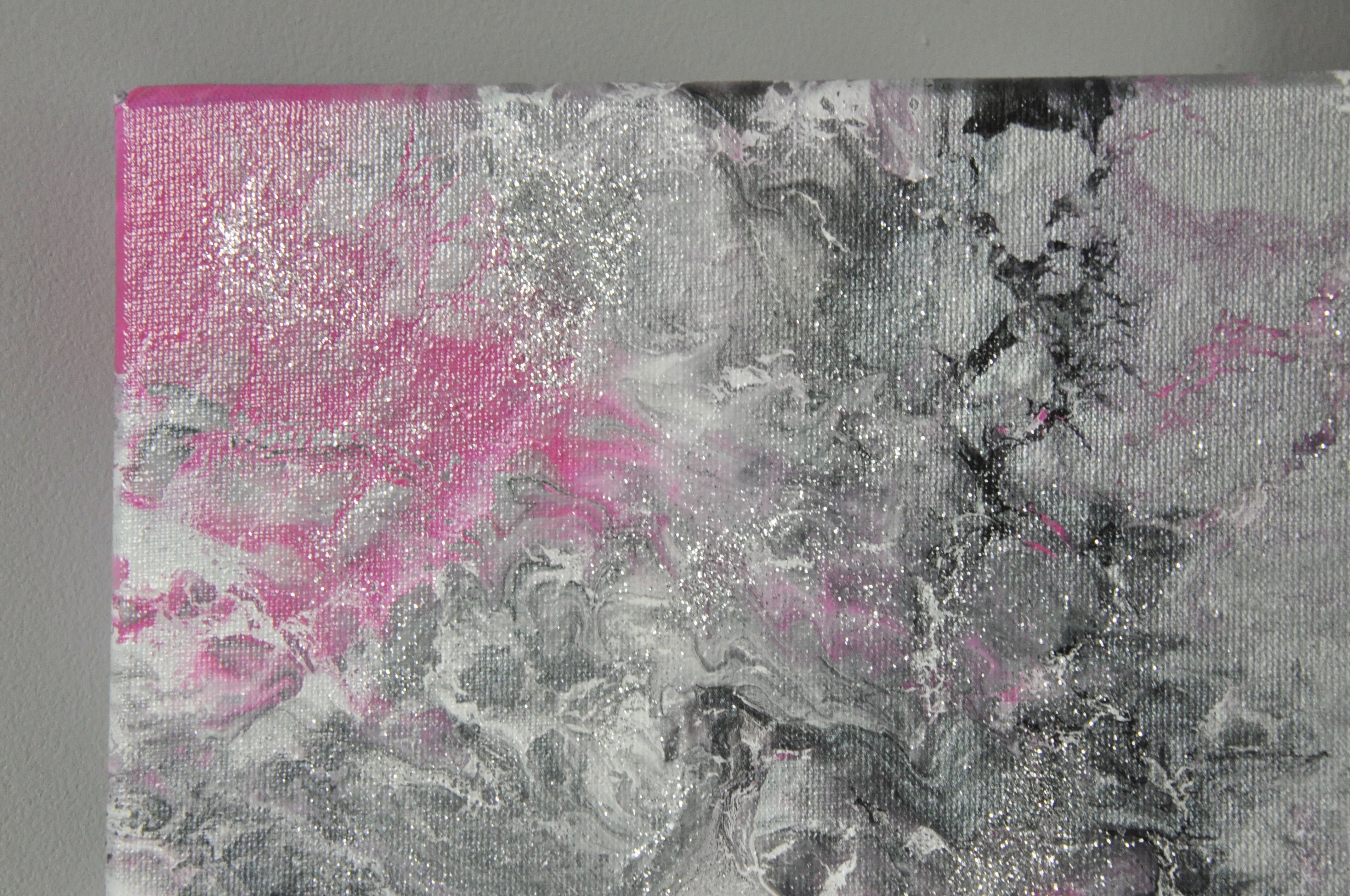 abstrakcyjny obraz acrylic pouring róż srebro