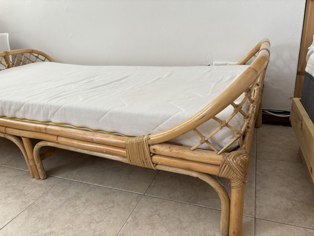 Cama + colchão  para criança, em rattan, com estrado, Katsuki