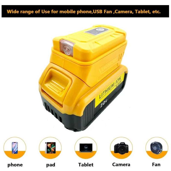 Адаптер модуль перехідник USB адаптер powerbank 2 USB ліхтар до DeWalt