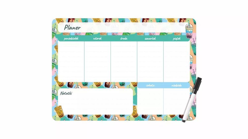 Planer magnetyczny 35x25 tygodniowy z nadrukiem bubble tea. Biurfol