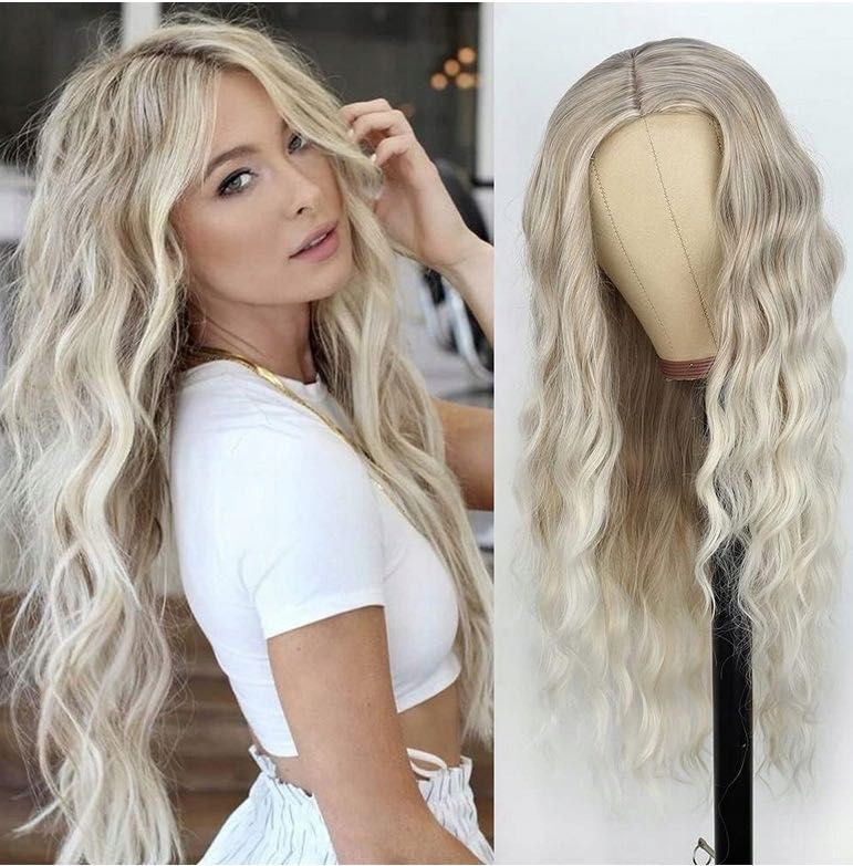 Peruka naturalny wygląd blond włosy długie fale 60cm