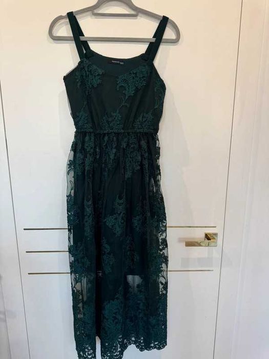 Sukienka elegancka długa koronkowa butelkowa zieleń Reserved 36/38