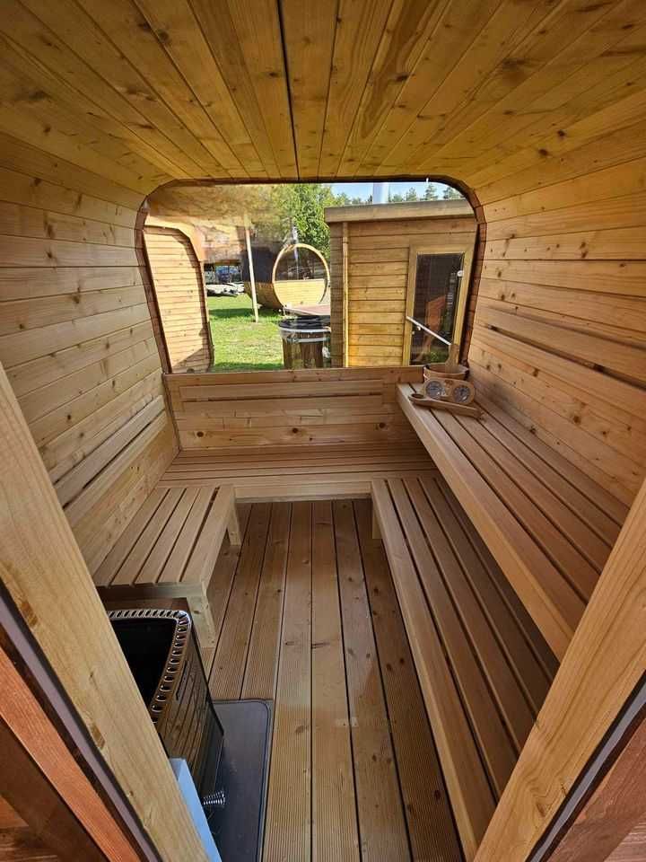 Sauna ogrodowa z piecem opalanym drewnem panorama ławeczka 1-8 osób