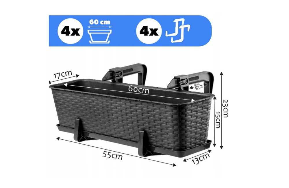 4x SKRZYNKA BALKONOWA 60cm Uchwyty Antracyt