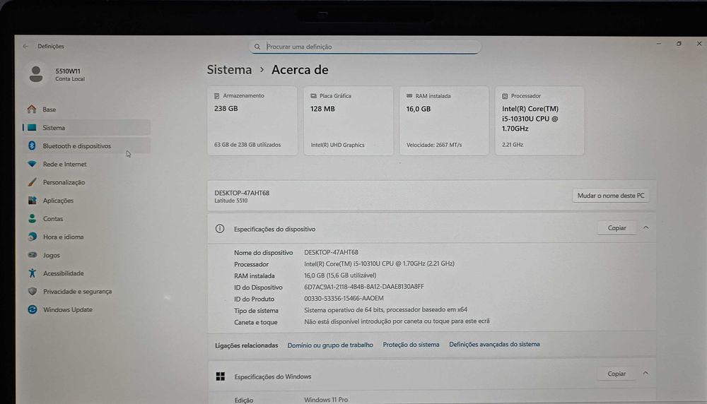 Dell Latitude 15 5510/Ecrã 15.6/i5 10ªger/16GB RAM/SSD NVME/Thunderbol