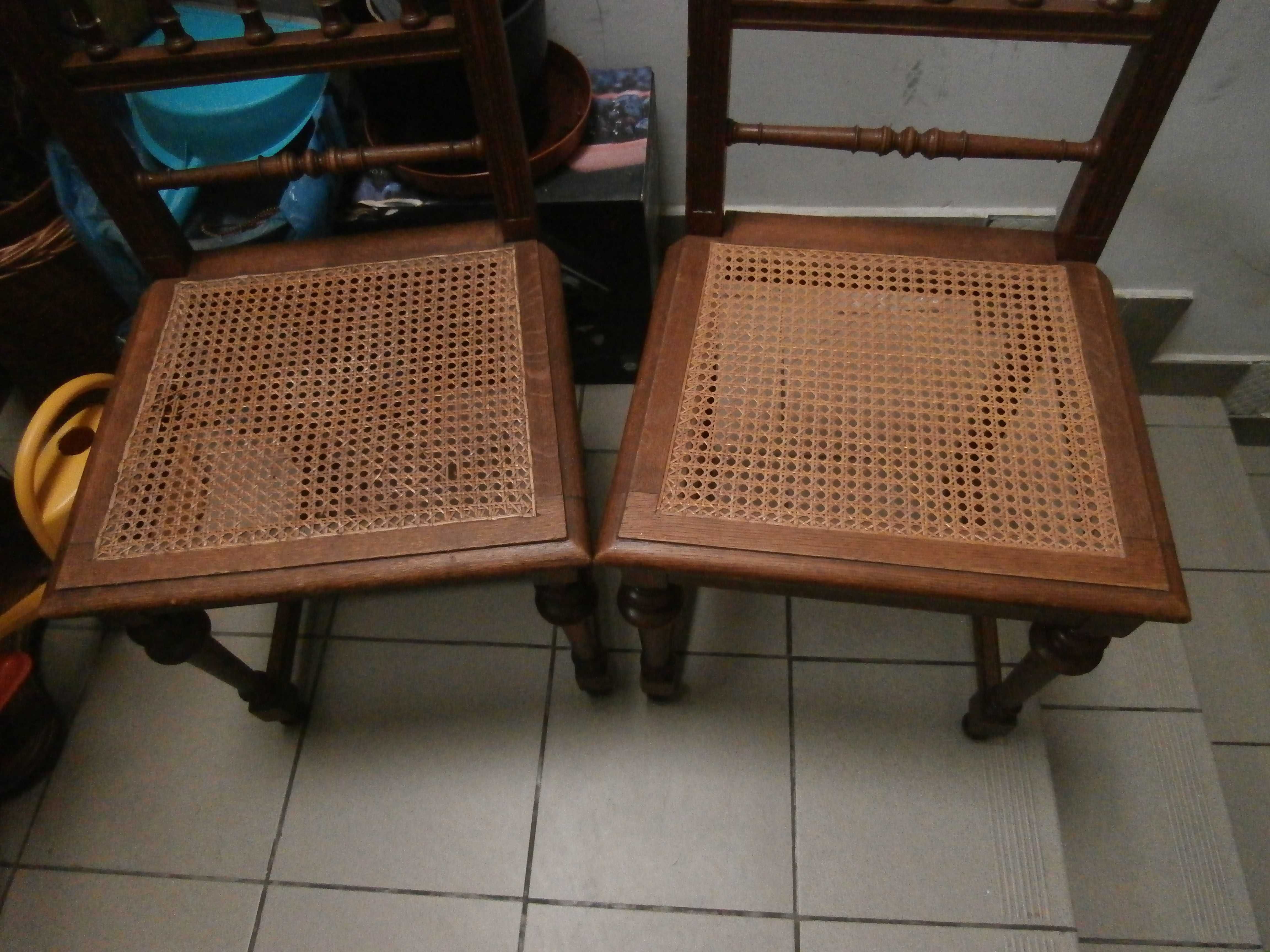 Piękne 2 Przedwojenne Krzesła Dębowe - Siedzisko Ratanowe Ciekawy Stan