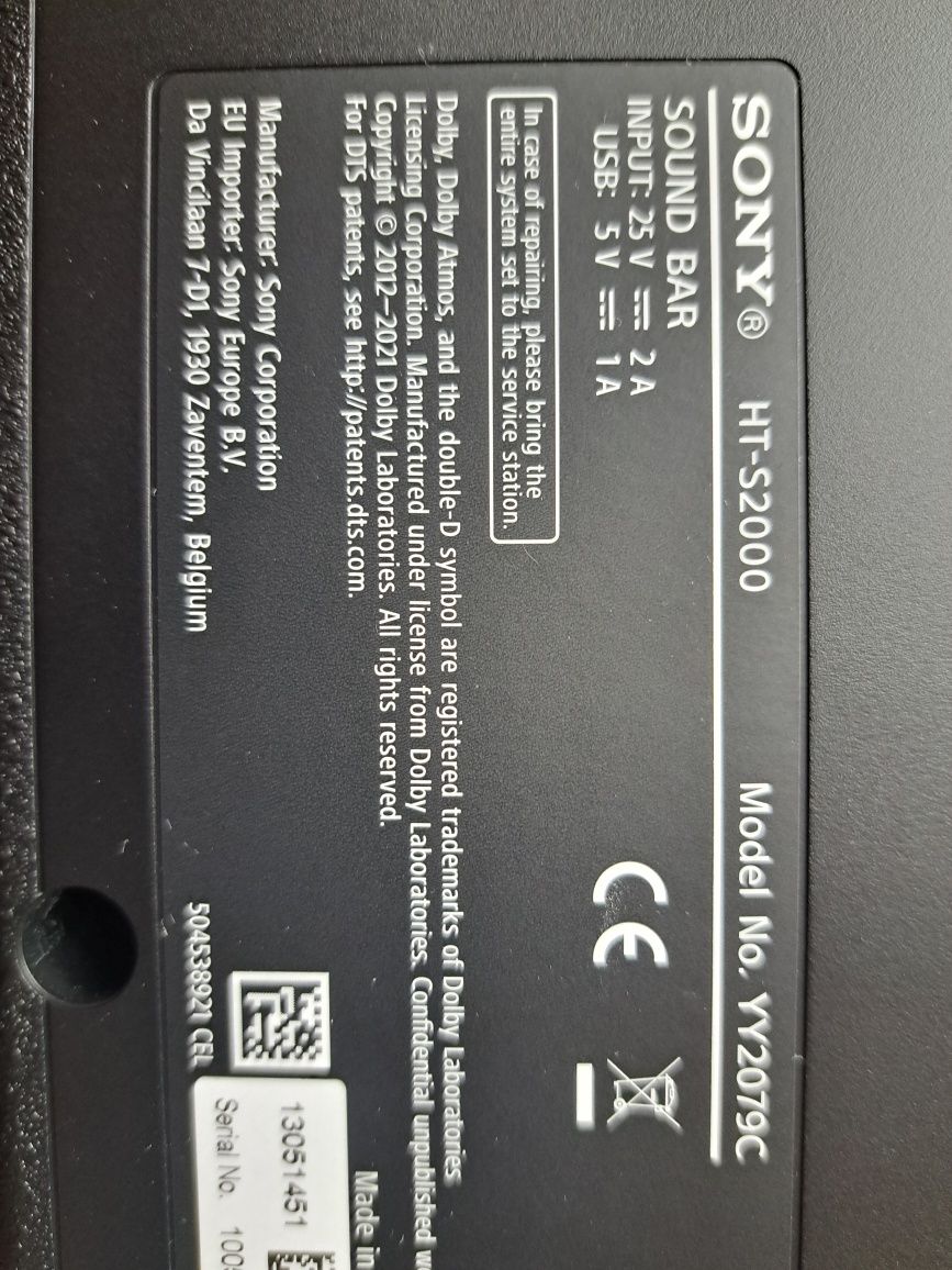 Soundbar Sony HT-S2000 + subwoofer SA-SW3