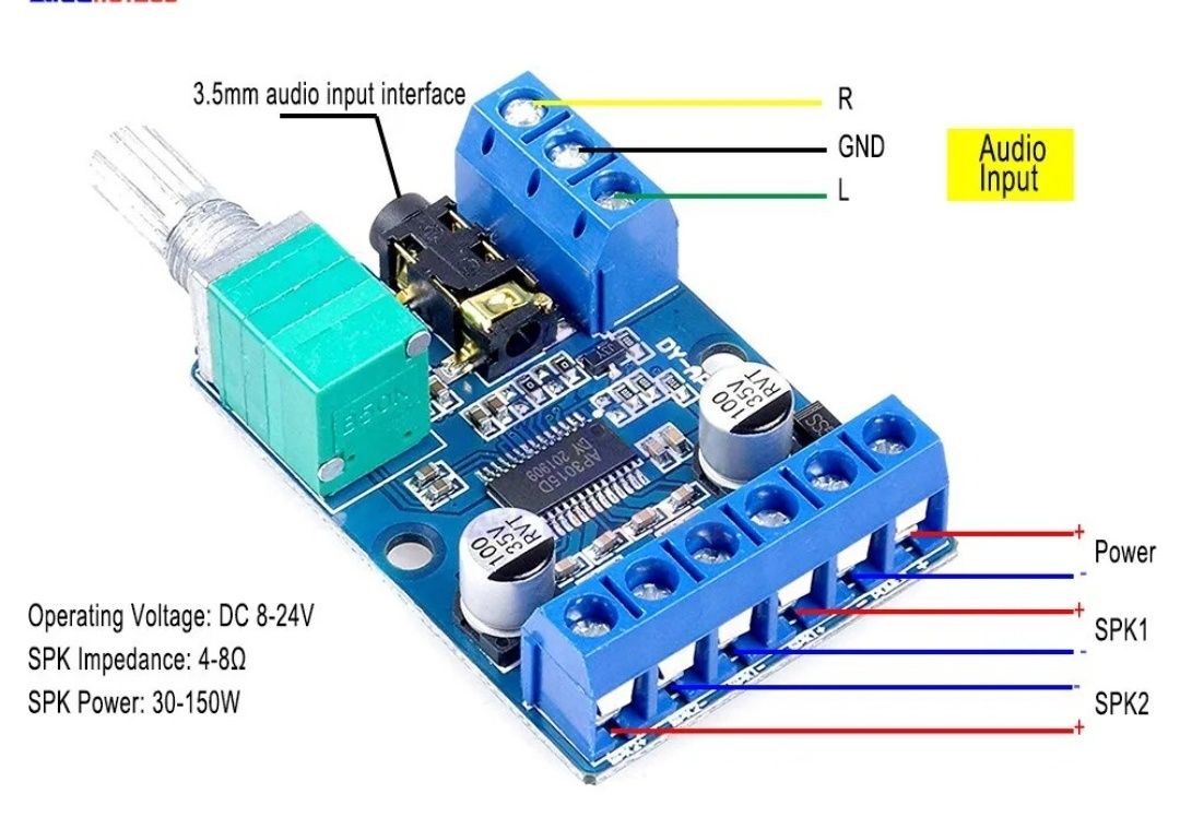 УСИЛИТЕЛЬ мощности 2Х30ВТ DY-AP3015 D- класса с регулятором громкости
