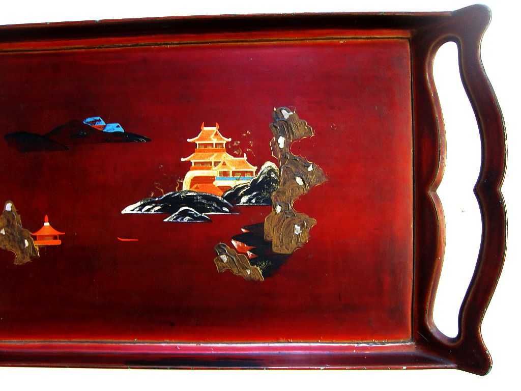 Raro antigo tabuleiro asiático em metal pintado à mão