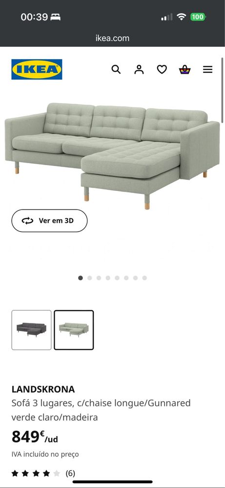 Sofá IKEA LANDSKRONA - 3 Lugares com ChaiseLongue (Verde Claro)