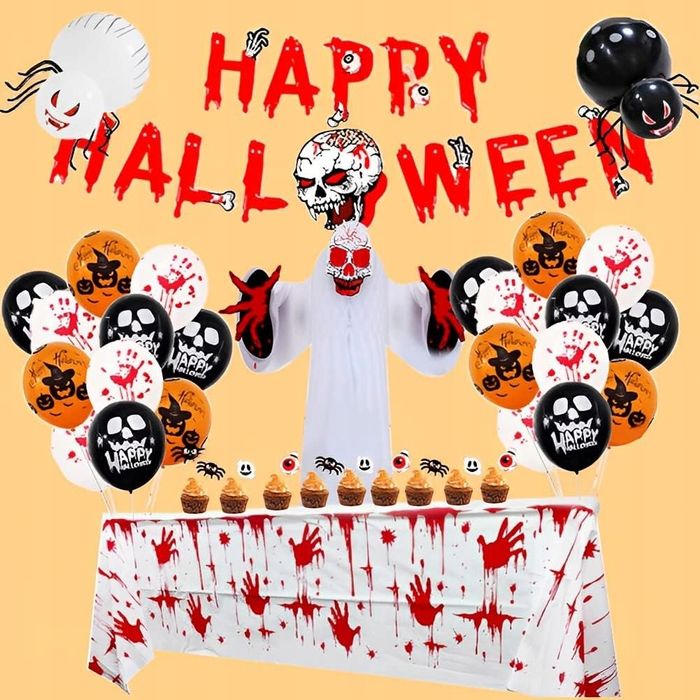 Dekoracja Na Halloween Zestaw Balony Baner Obrus Ozdoby Na Tort
