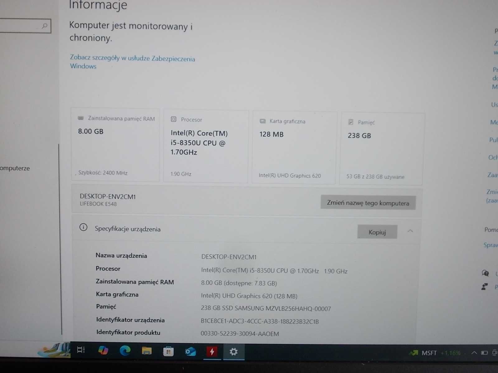 Fujitsu Lifebook E548 Core i5-8350U 8GB DDR4 256GB NVMe