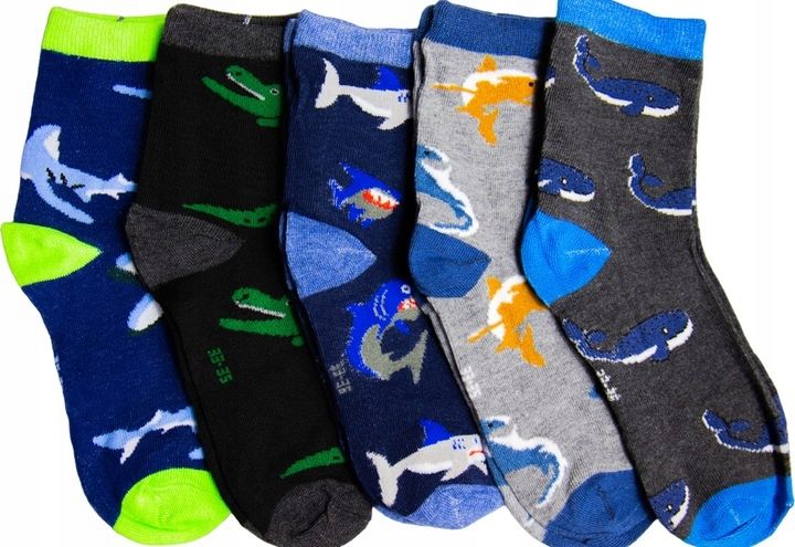 Skarpetki Chłopięce Bawełniane Rekiny Zwierzątka Kolorowe  5Pak 30-32