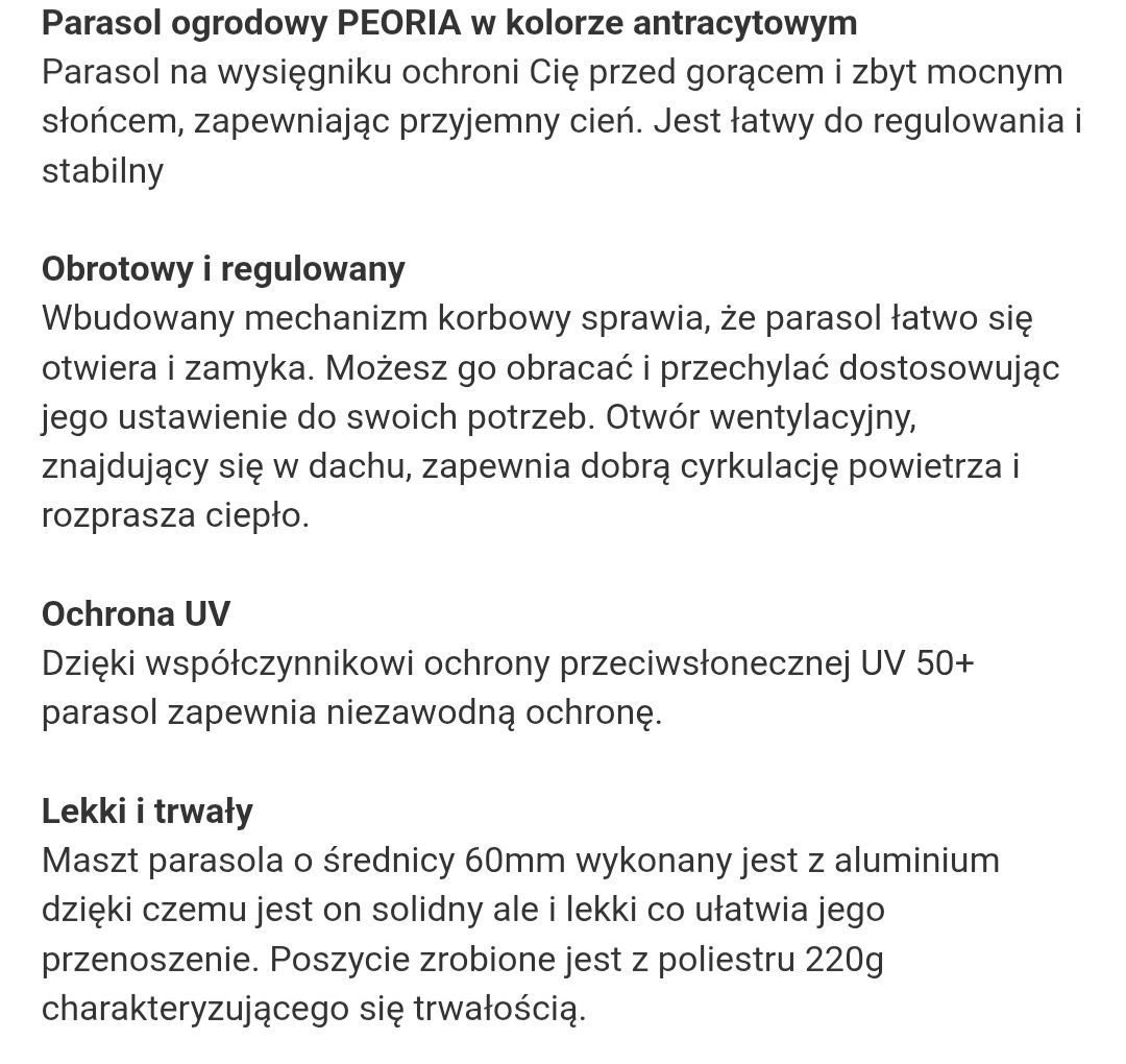 Parasol ogrodowy Peoria antracyt 300x300cm