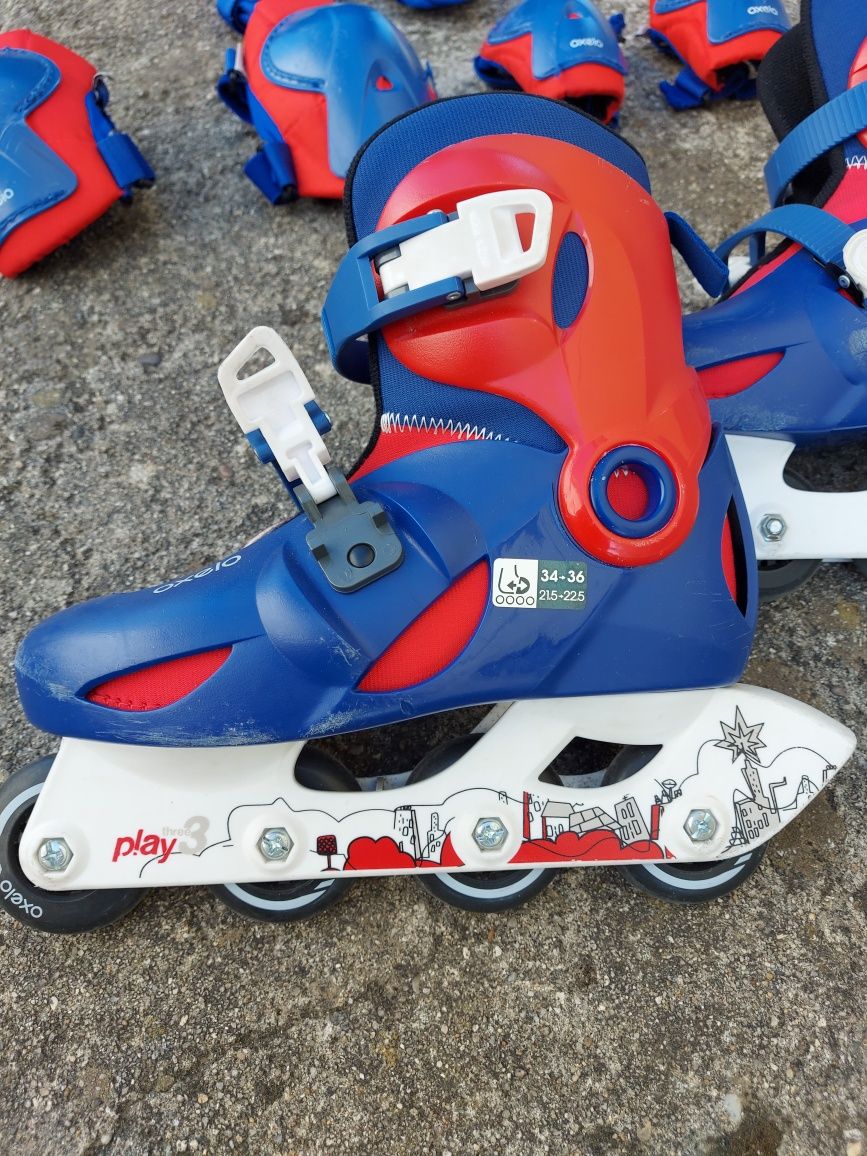 Patins em linha com conjunto de proteções