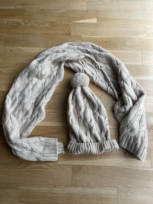 Lullalove zestaw merino czapka szalik beżowy pompon splot warkocz