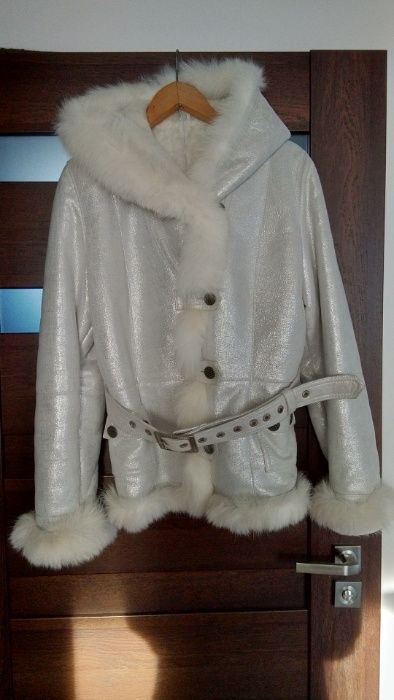 Kożuch naturalny biało-srebrny kaptur M/L/XL nowy