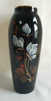 Ваза стекло черный баклажан, роспись цветы, 22 см.