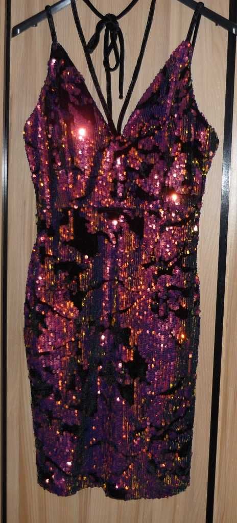 Cekinowa mini sukienka dekolt z wiązaniem roz. M 38 Cekiny