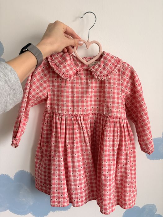 Konges slojd sukienka 92 różowa kratka serca kołnierzyk serduszka