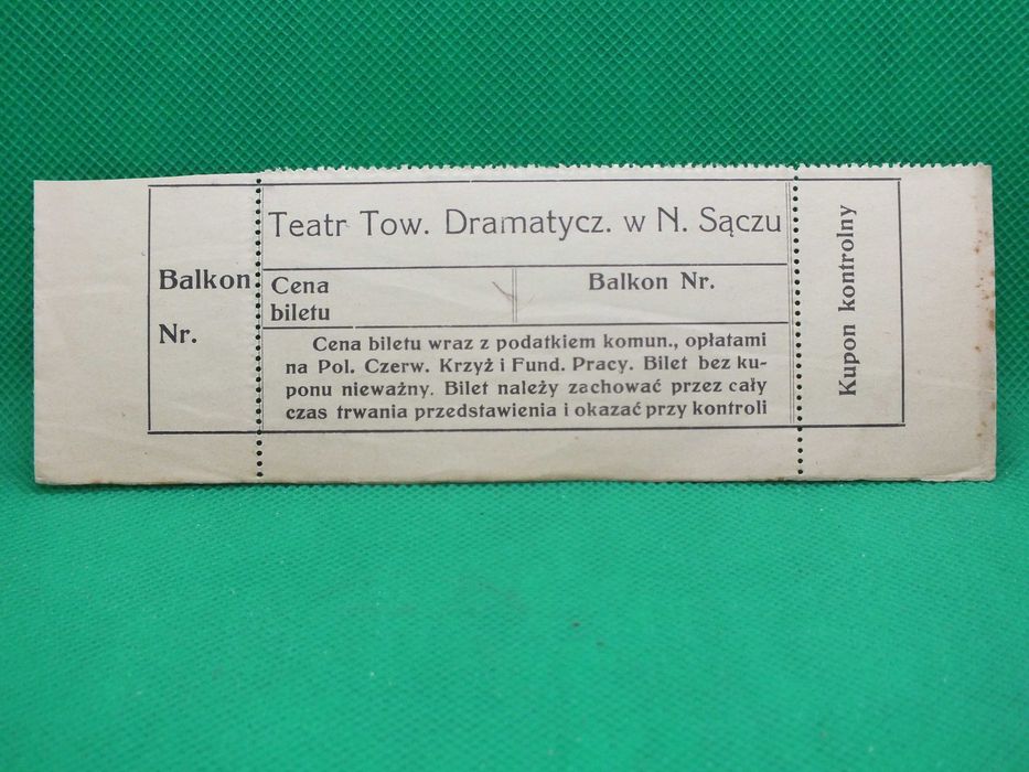 Unikat -Bilet do Teatru Towarzystwa Dramatycznego w Nowym Sączu II RP