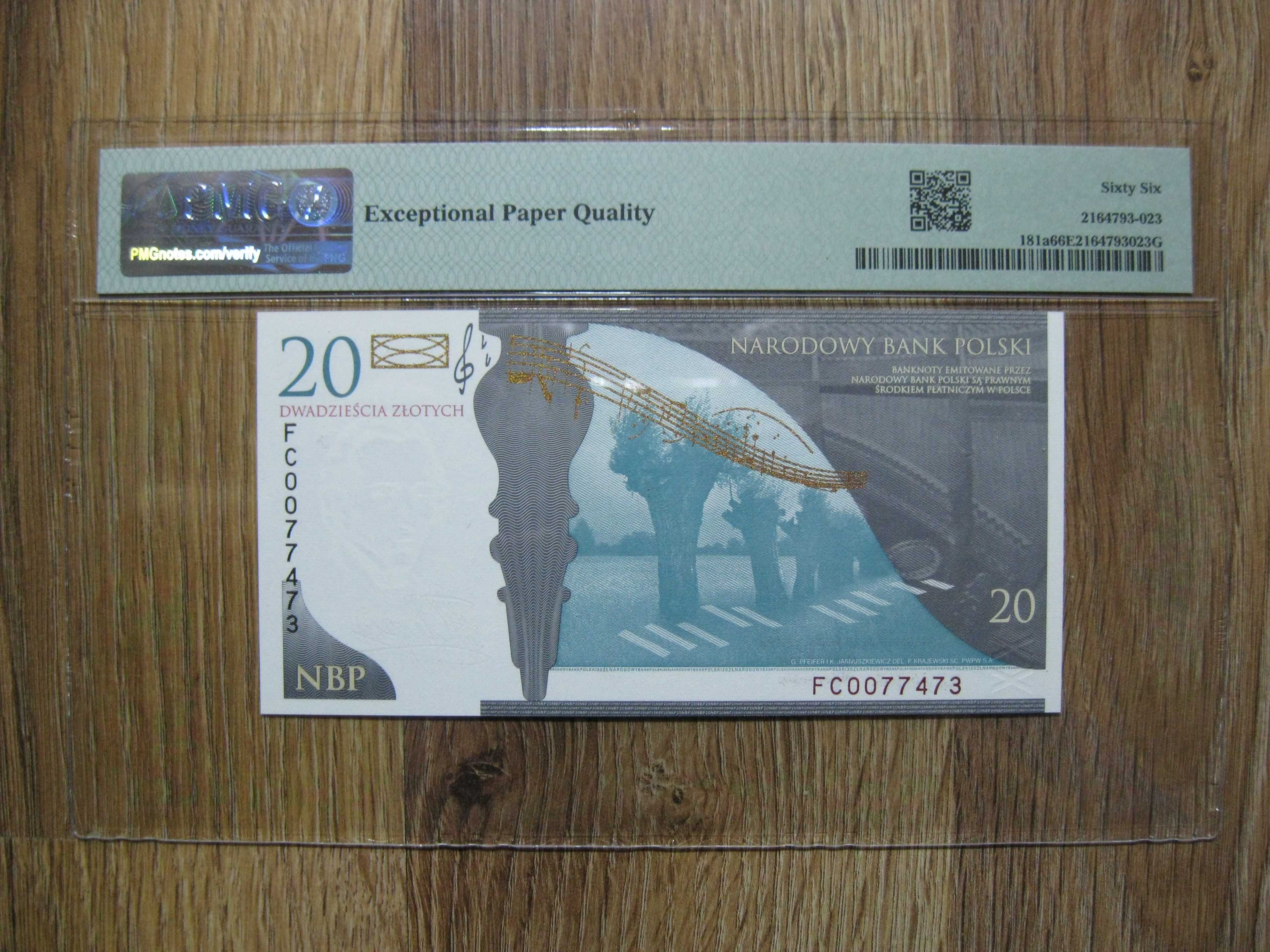 Banknot kolekcjonerski 20 złotych 2009 rok Fryderyk Chopin PMG 66 UNC