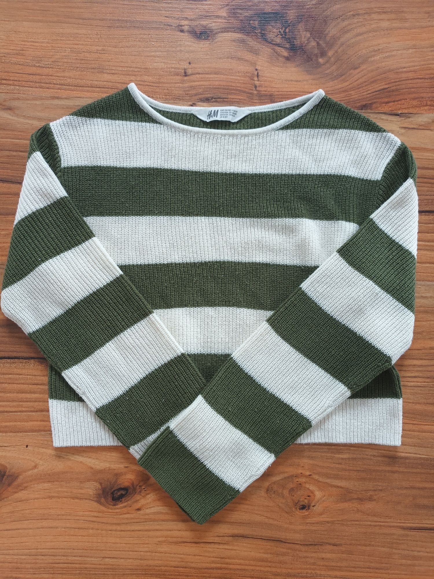Sweter 134 140 H&M w paski zielony cienki jesień