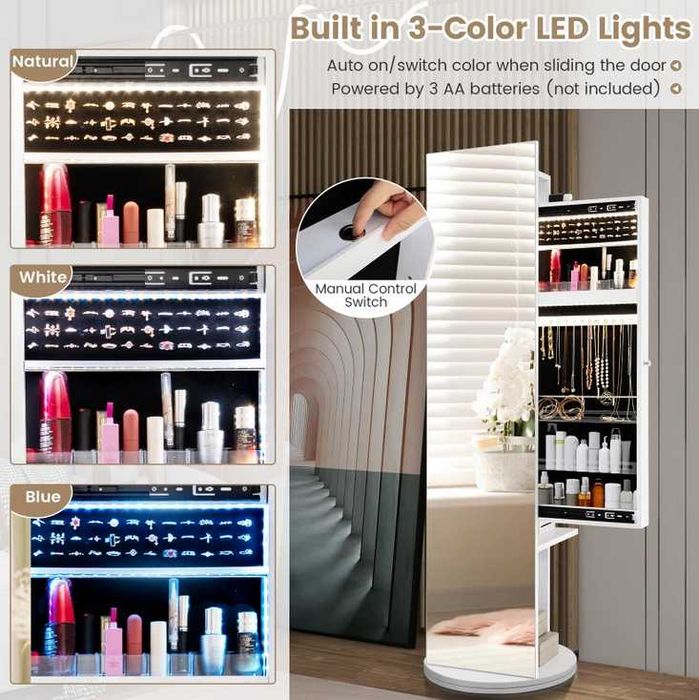 Toaletka Szafka na Biżuterię Obrotowa z Lustrem i Podświetleniem LED