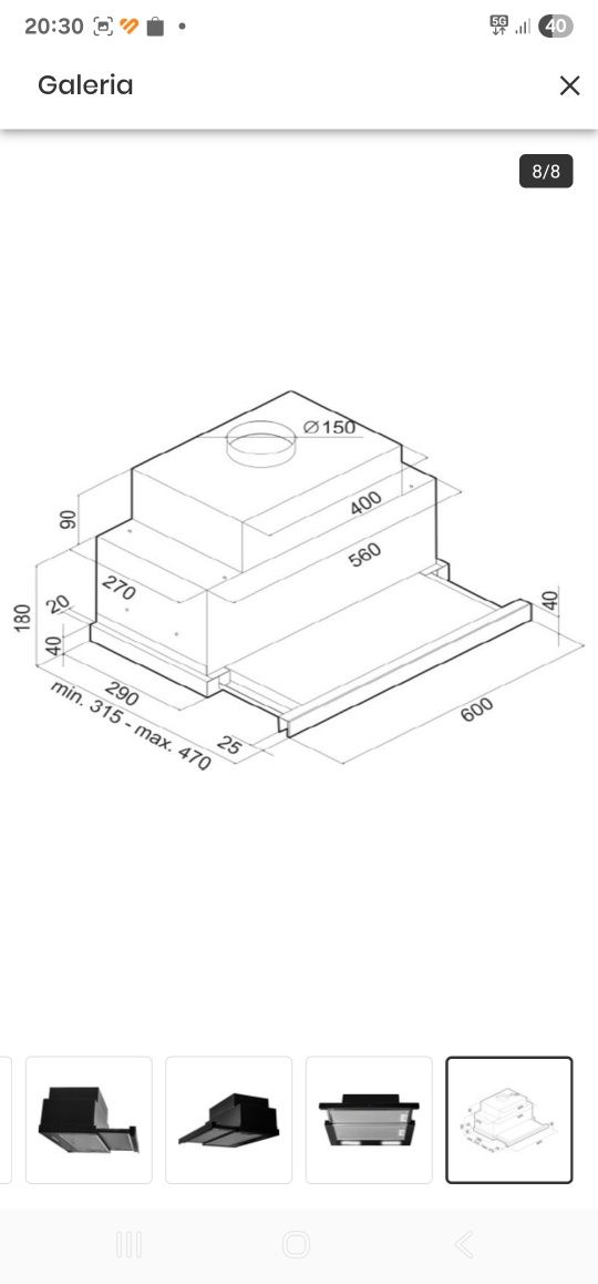 Okap VDB Vector PRO 60 Czarny 788m3/h 62dB klasa B