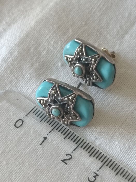 Серьги старинные.Серебро,бирюза, марказиты.Вес 10 грамм