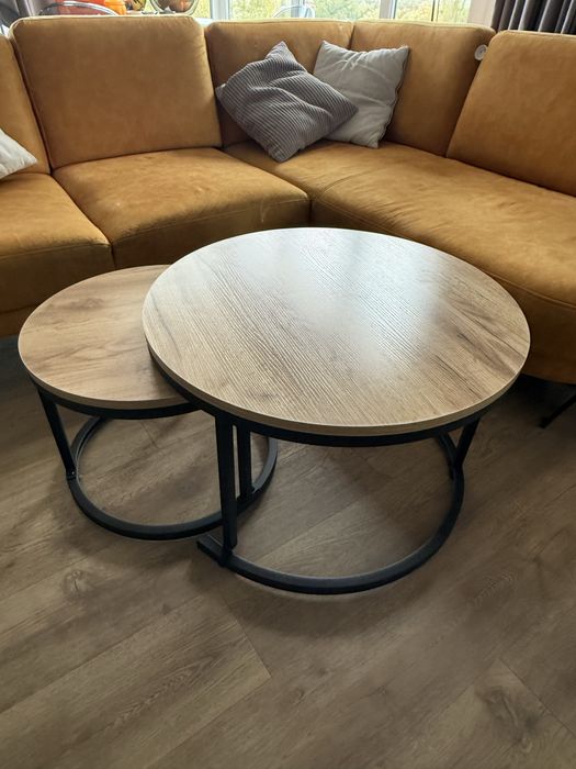 Stolik kawowy podwójny okrągly metal dębowy blat