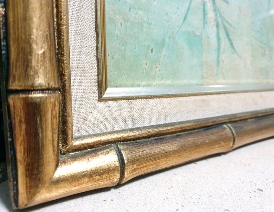 Linda pintura asiática sobre papel de cortiça - assinada e emoldurada