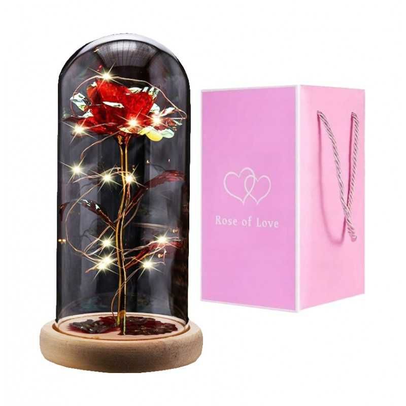 Kryształowa wieczna róża pod szklaną kopułą LED