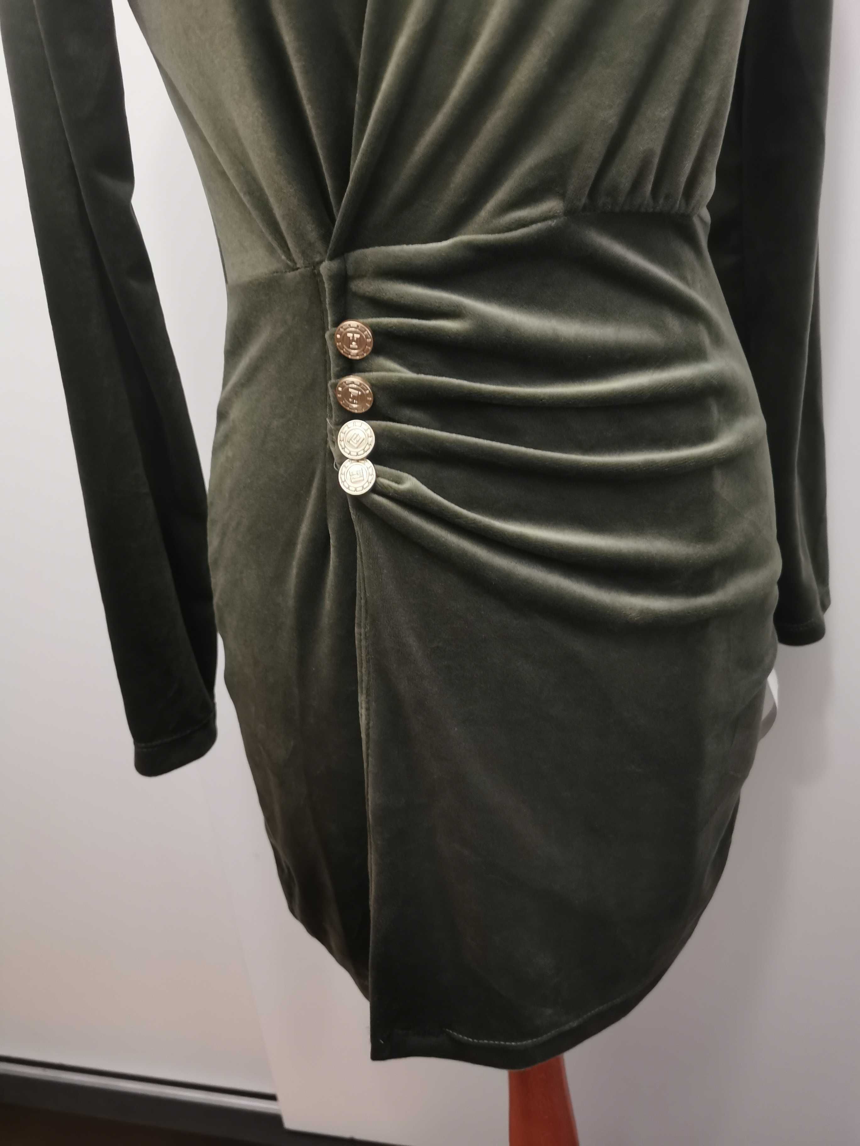 Śliczna gruba welurowa krótka sukienka tunika kopertowa khaki