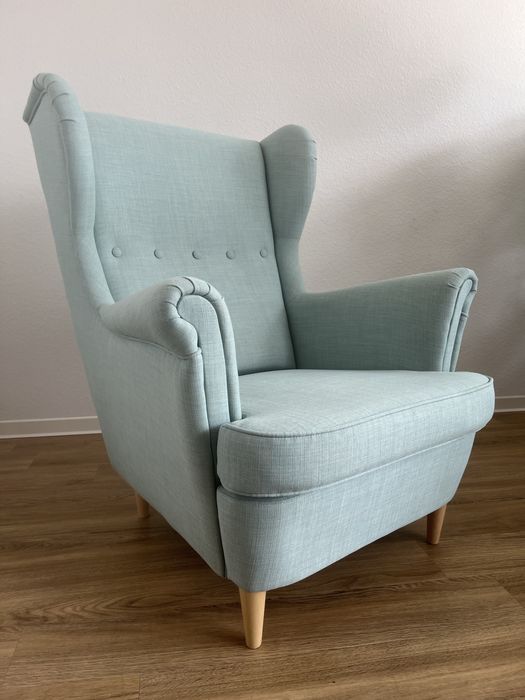 Ikea Strandmon fotel uszak miętowy błekitny niebieski - jak nowy