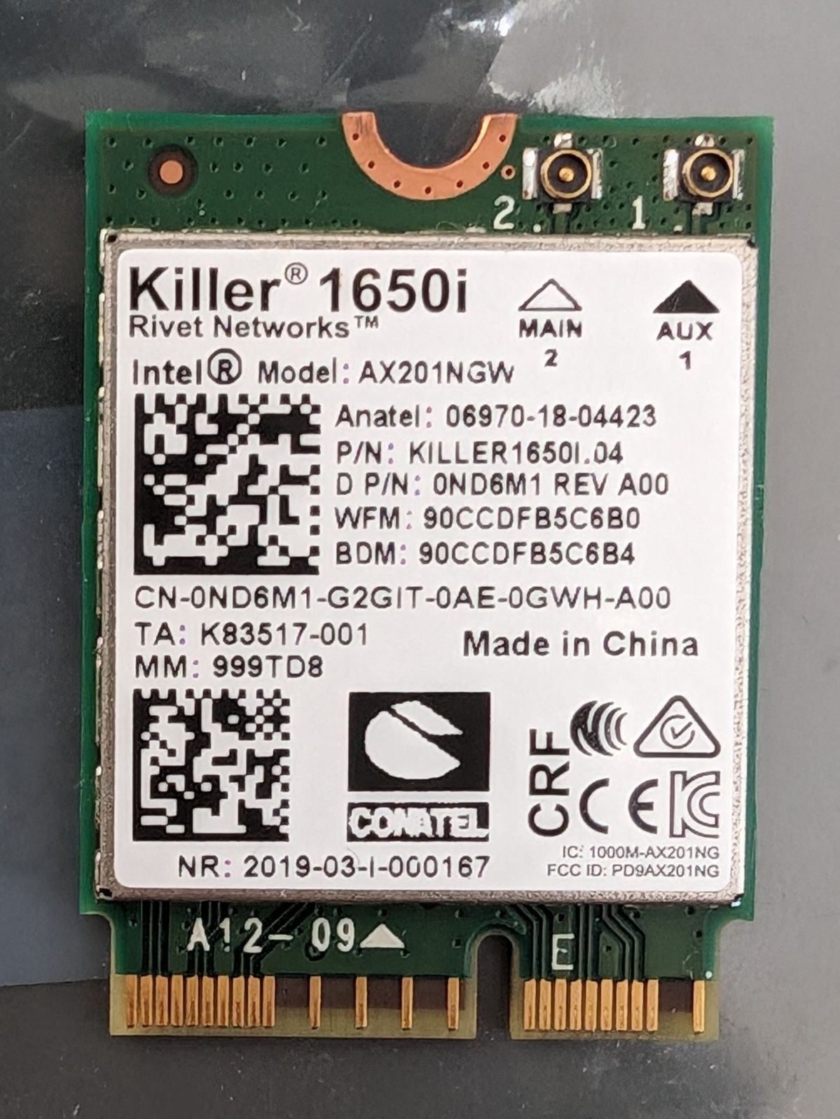 Karta sieciowa Wi-Fi Intel Killer 1650i (AX201NGW) CNVi