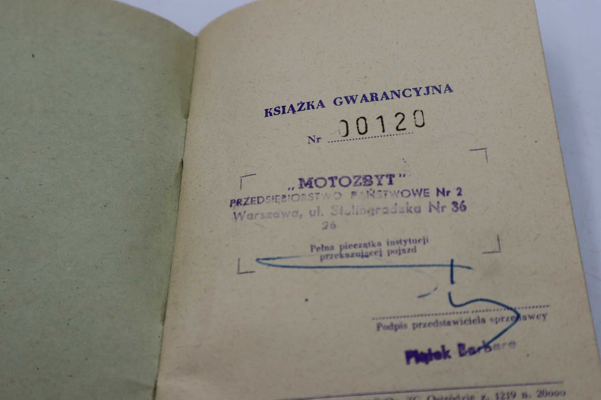 Książka Gwarancyjna Motozbyt  SKODA 100 MB 1966 R