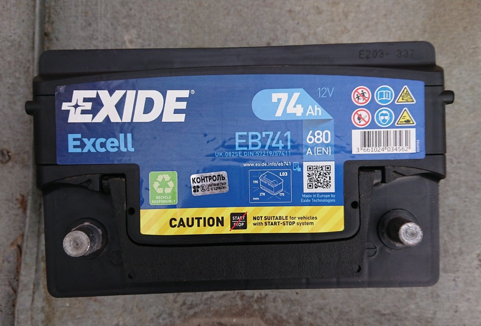 Exide Excell 74Ah 680A 12V EB741