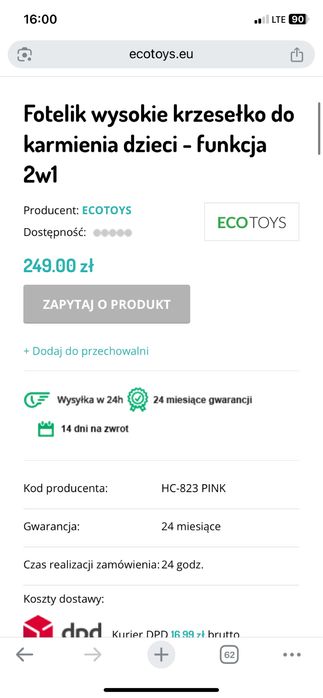 Krzesełko do karmienia Ecotoys