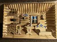 Drewniana chatka- rzeźba/ obrazek w trójwymiarze