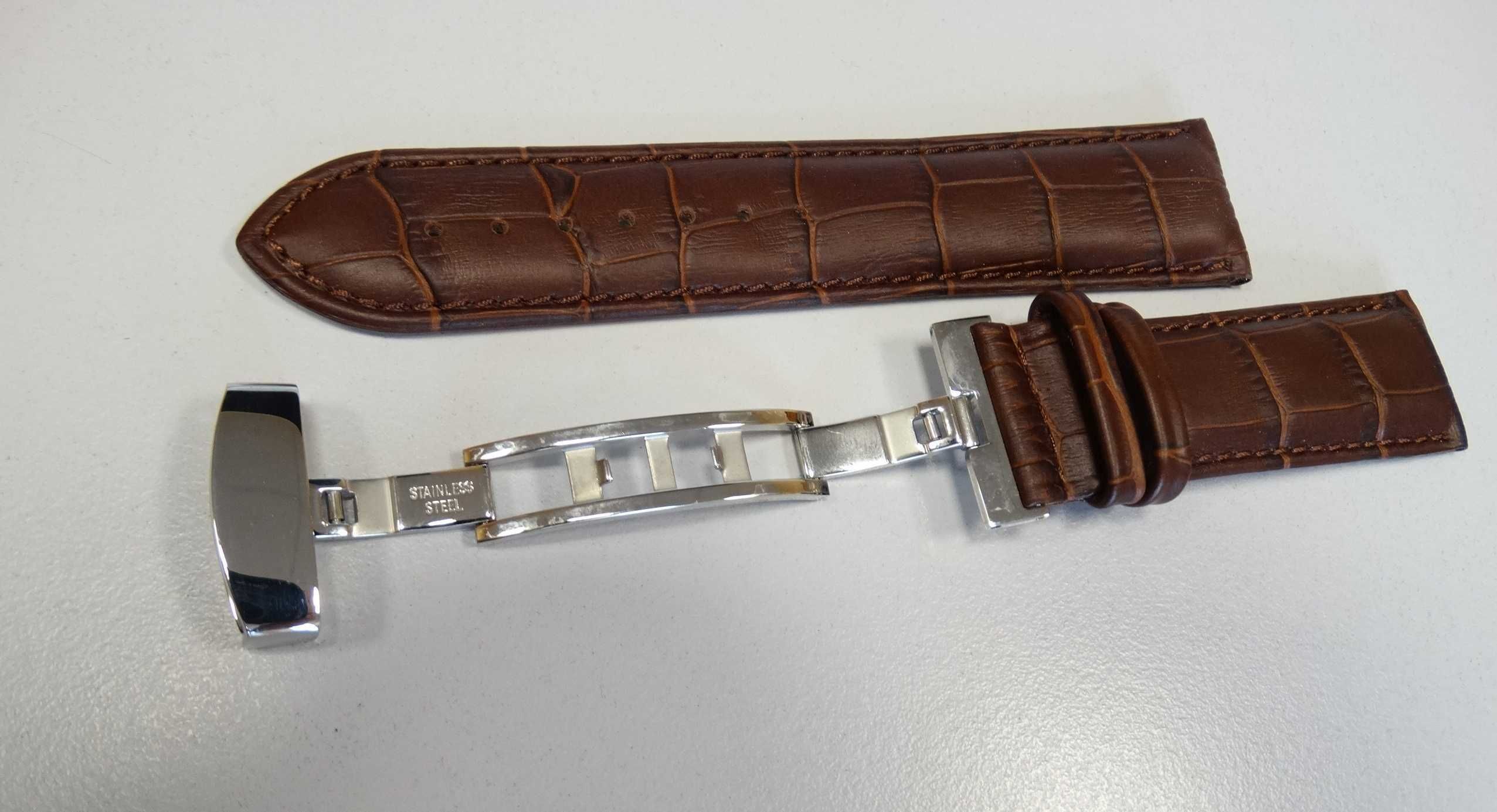 Brązowy skórzany pasek do zegarka 24mm z zapięciem motylkowym nowy