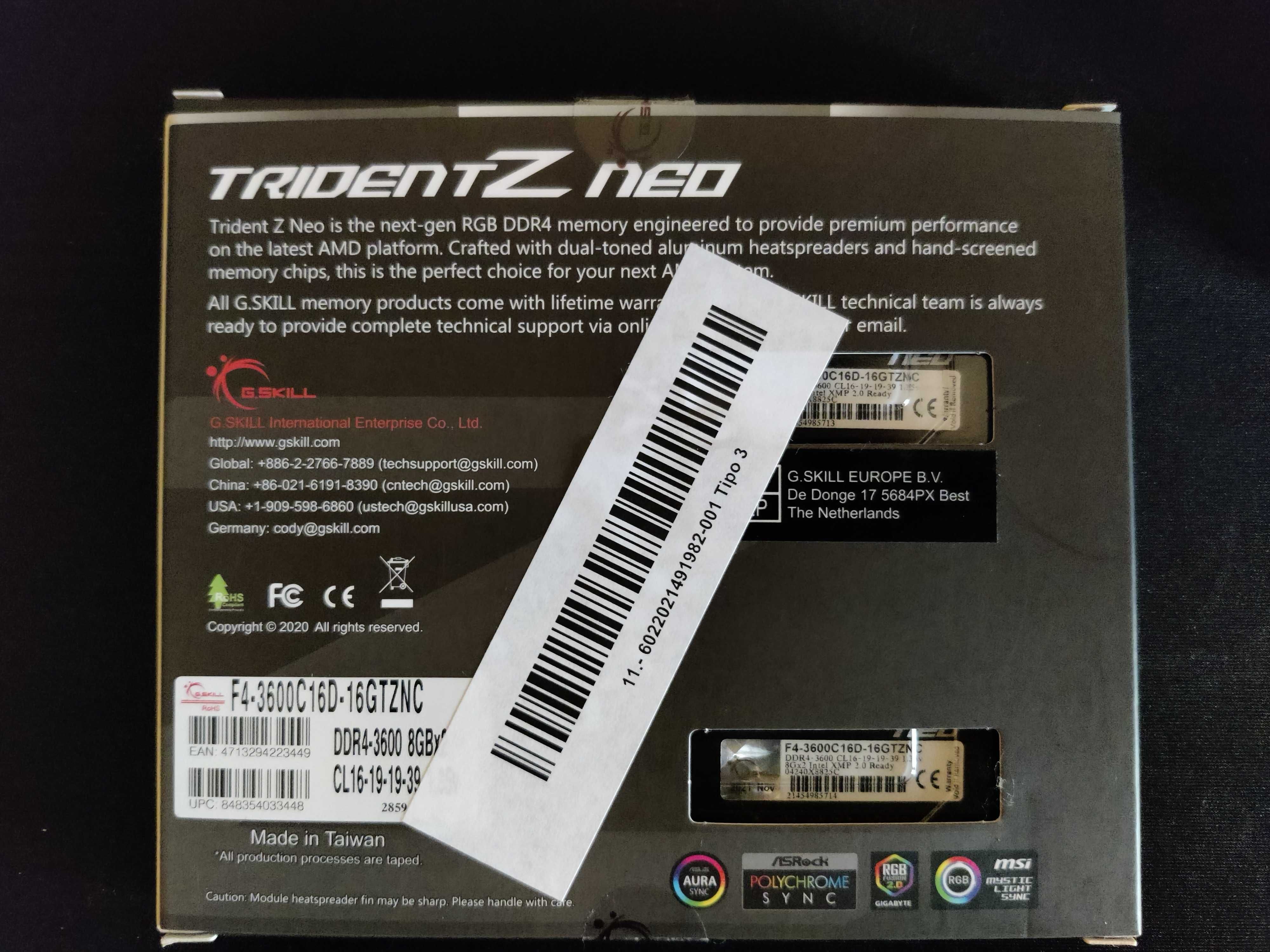 Memória RAM G.Skill Kit 16GB (2 X 8GB) DDR4 3600MHz Trident Z Neo RGB