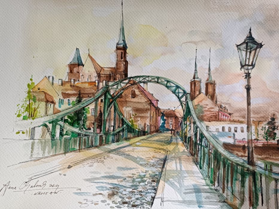 Ostrów Tumski Wrocław akwarela rysunek oryginał obraz A3 most art