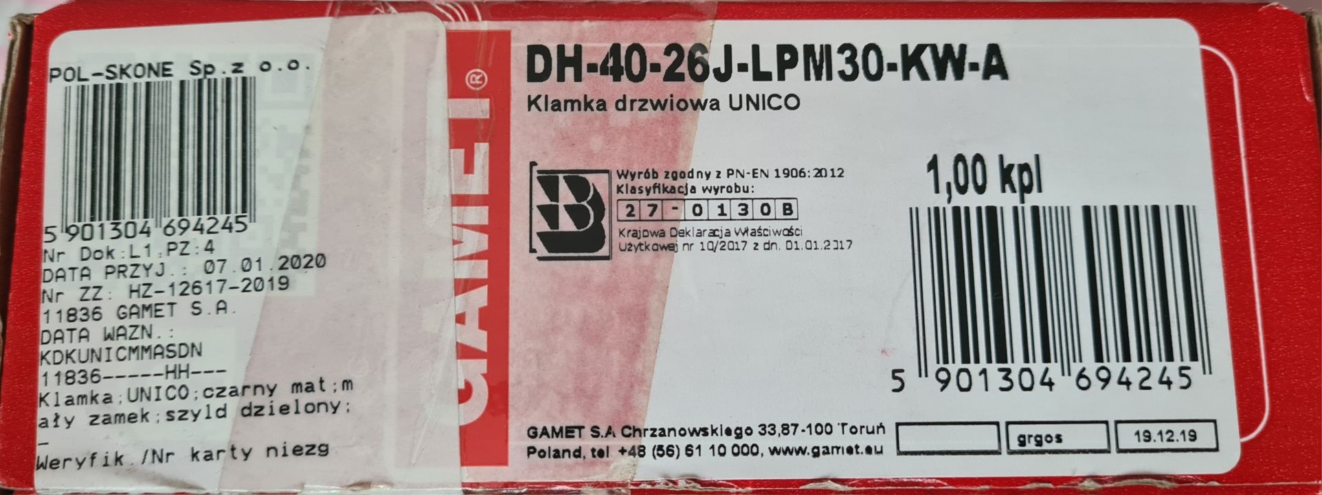 Klamka Gamet UNICO czarny mat model DH-40-26J-LLPM30-KW-A, nowa !