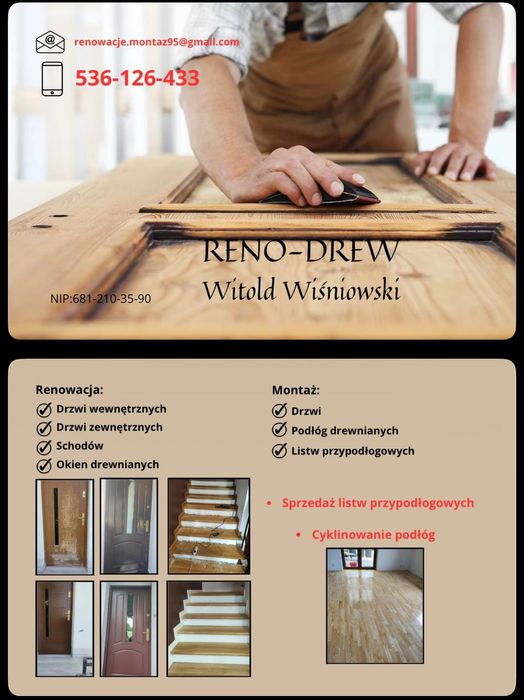 Renowacja stolarki budowlanej, Drzwi, schody,cyklinowanie podłóg,