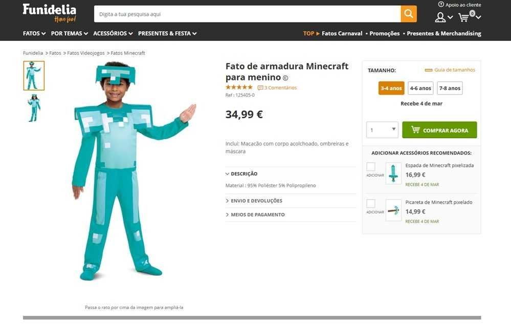 Disfarce unisexo minecraft Tam: 3/4 anos (1494)