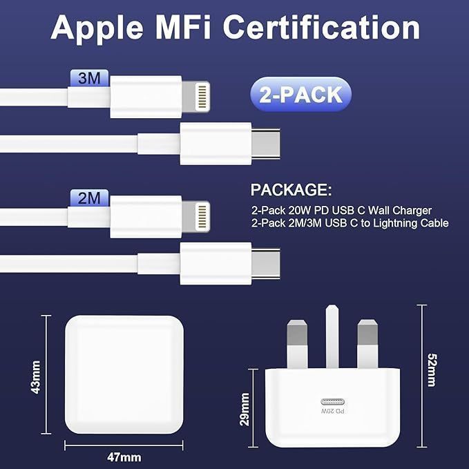 Ładowarka Iphone'a  2Pack Szybka Ładowarka Z Usb C Do Lightning