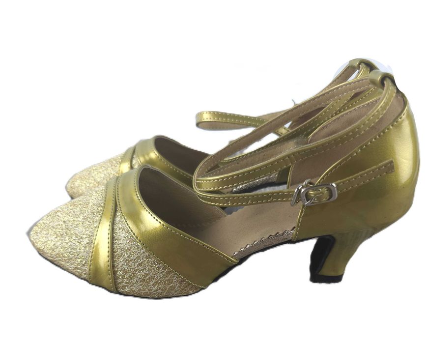 Złote błyszczące czółenka eleganckie paski obcas do tańca 39